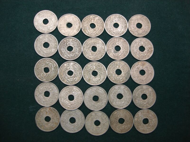 Collection of 25 circulated 1938-1939 French Indochina 5 cent coins