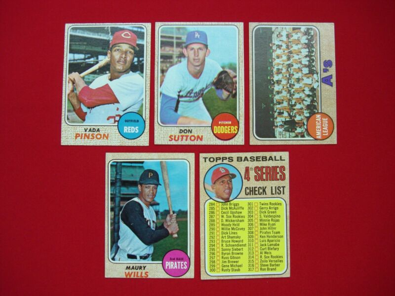 1968 Topps Baseball Cards - Sutton, Pinson, Wills & A's Team Checklist (5 Card Lot)