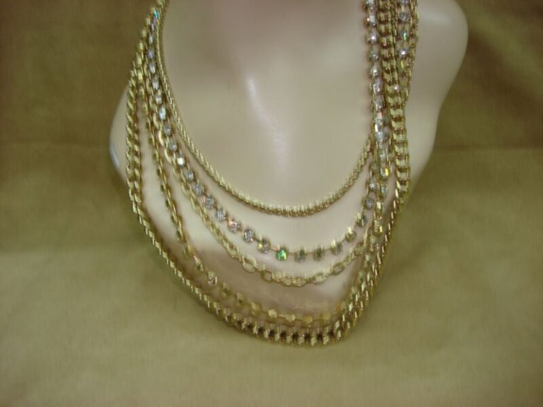 Vintage 1980s gold-tone rhinestone necklace, 5-strand chunky statement piece