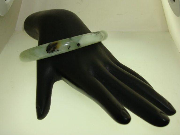 Genuine Nephrite Jade Bangle Bracelet - Light Green with Black & Yellow Inclusions