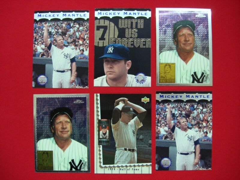 Collection of six Mickey Mantle baseball cards from Stadium Club, Topps Chrome, and Upper Deck brands