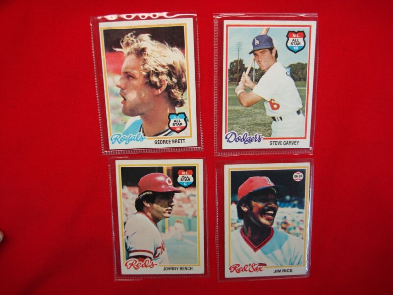 Vintage 1978 Topps Baseball Cards of George Brett, Steve Garvey, Jim Rice and Johnny Bench