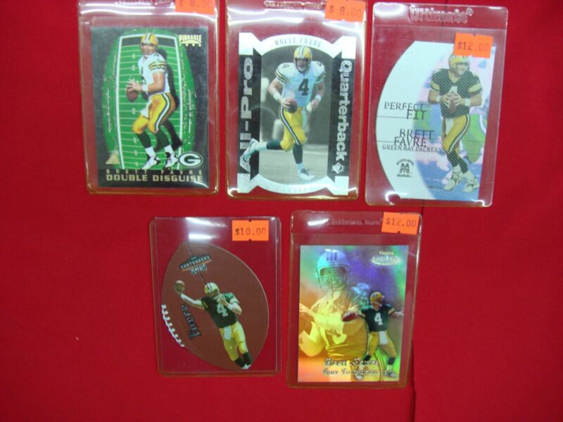 Collection of five Green Bay Packers football cards, including Brett Favre
