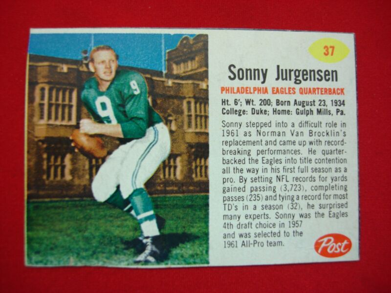 Vintage 1962 Post Cereal Football Card of Sonny Jurgensen, #37