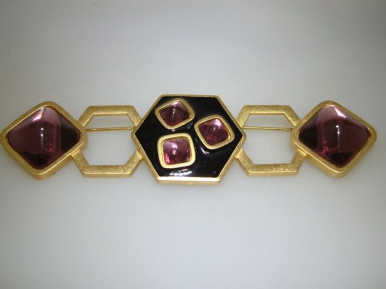 Vintage YSL Yves Saint Laurent Black Enamel & Amethyst Pin, 1960s-70s