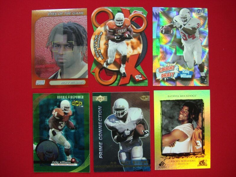 Ricky Williams rookie card lot with various inserts, die-cut, foil, and acetate variations.