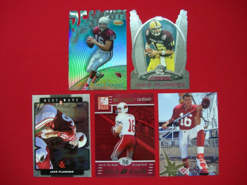 Five different Jake Plummer football cards, including die-cut, serial numbered, refractor, insert, and rookie cards.