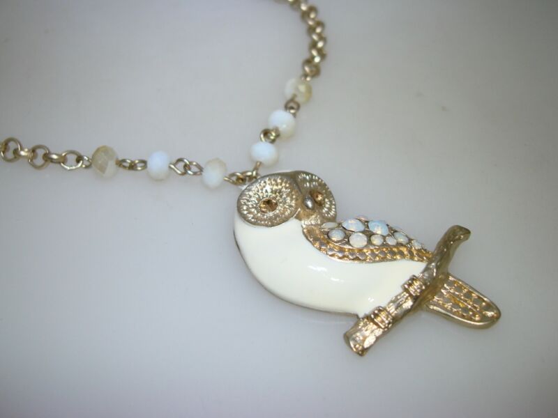 Vintage 1970s-80s Enamel Owl Pendant Necklace with Gold & White Beads