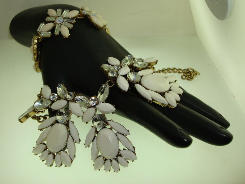 J. Crew Rhinestone Flower Choker & Bracelet Set - Antique Gold Tone Vintage Costume Jewelry