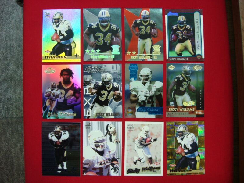 Collection of 12 Ricky Williams football cards, including rookies and parallels.