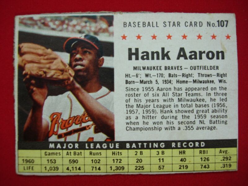 1961 Hank Aaron Post Cereal Baseball Card #107 - Milwaukee Braves HOF