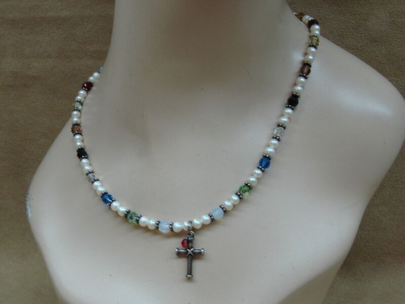 Sterling Silver Freshwater Pearl & Crystal Cross Necklace