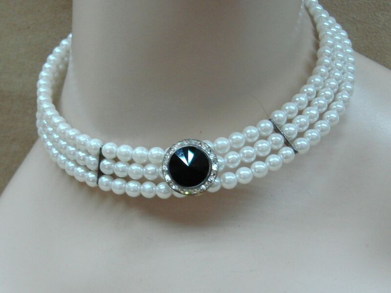Vintage 1960s cream faux pearl choker necklace with silver and rhinestone accents