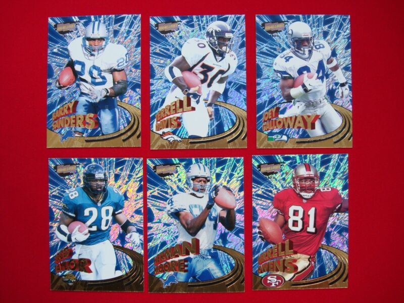 Lot of six (6) 1999 Pacific Revolution football cards featuring Barry Sanders, Terrell Owens, and Terrell Davis