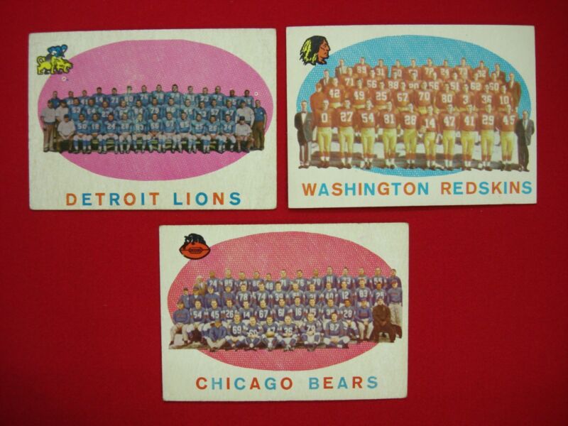 Vintage 1959 Topps Football Team Checklist Cards featuring Lions (#3), Redskins (#91), and Bears (#104). Unchecked.