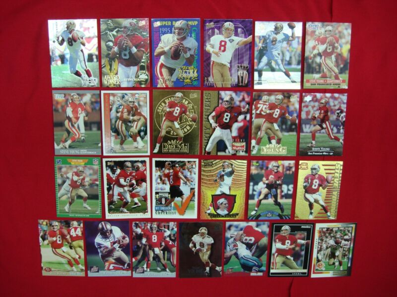 Collection of 25 Steve Young football cards, including parallels, inserts, and foils