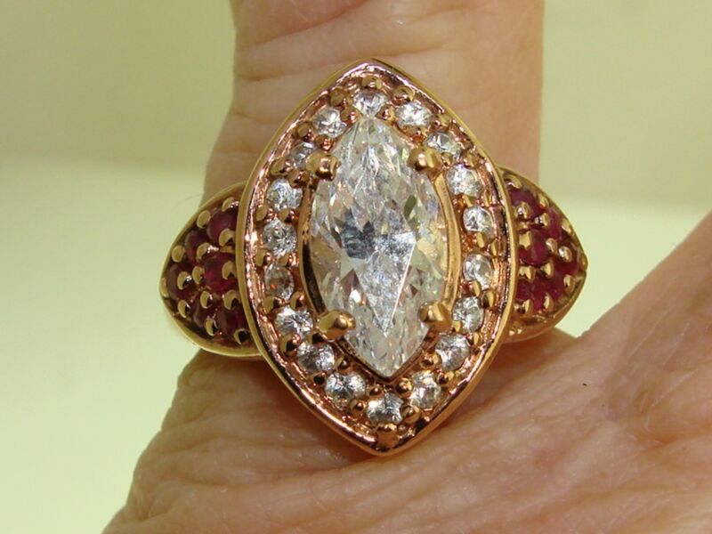 Sterling silver vermeil gold ring with pink topaz and quartz, size 7