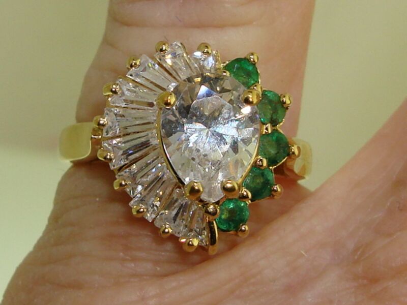 Sterling Silver Vermeil Gold Ring with Emerald & Quartz Baguettes