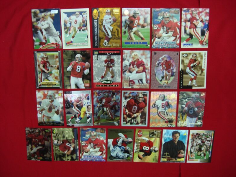 Rare Steve Young football card lot featuring serial numbered cards, parallels, inserts, and foils.