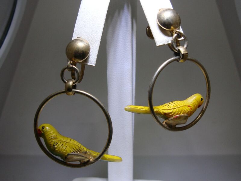 Vintage 1940s celluloid parrot dangle hoop earrings