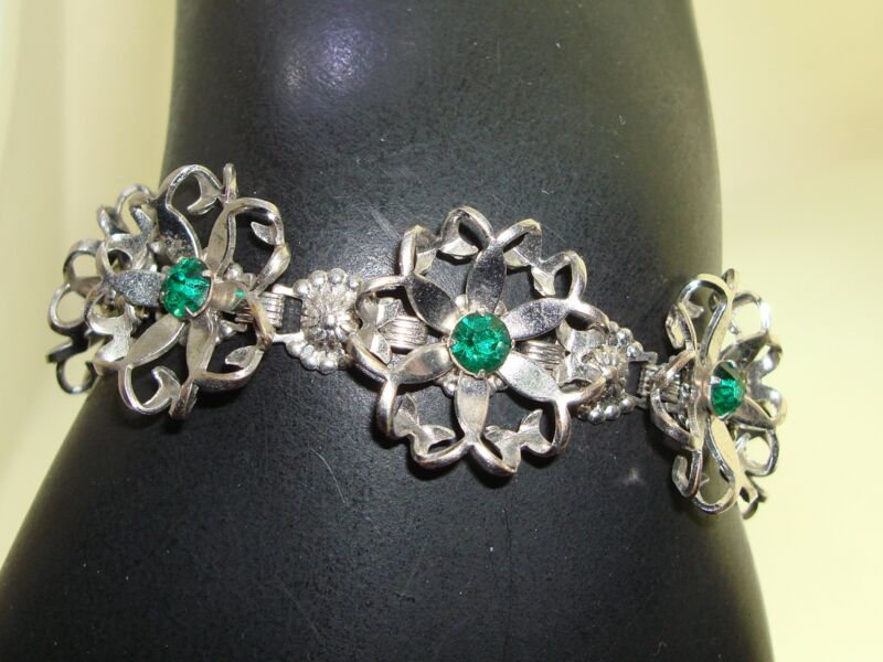 Vintage 1940s Silver Filigree Rhinestone Bracelet - Green Foils