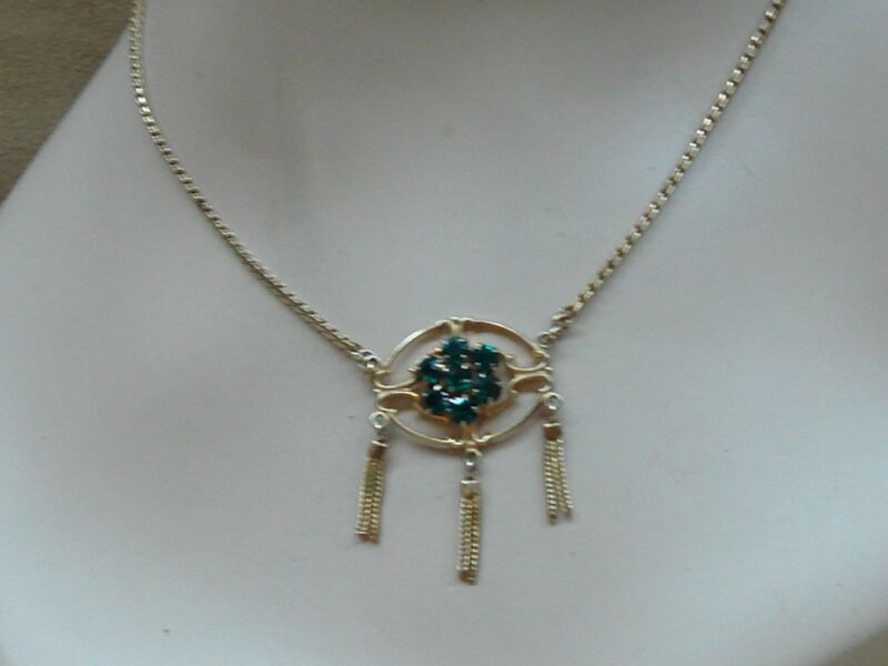 Vintage gold tone rhinestone and fringe pendant necklace, 1930s-40s