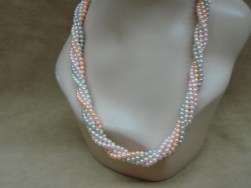 Vintage 1970s faux pearl necklace, multi-strand with peach, pink and gray pearls, 24 inches