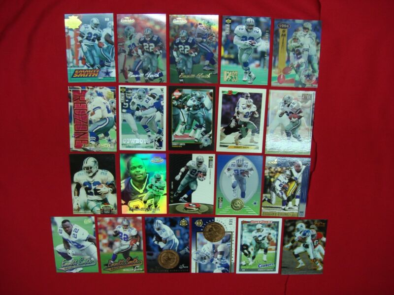 Collection of 21 Emmitt Smith football cards, including Parallels, Rookies, and Premiums.