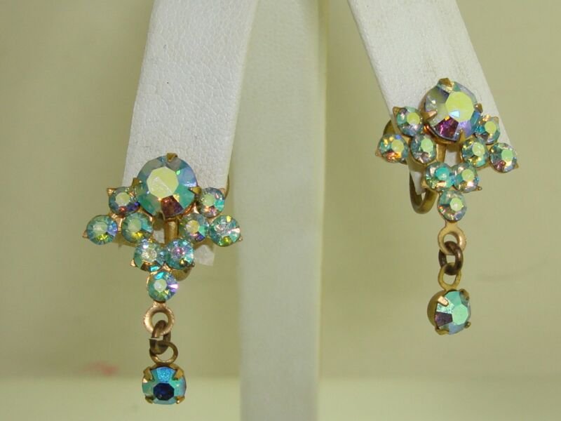 Vintage 1940s blue and gold foil AB crystal dangle earrings