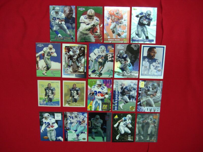 Collection of 19 Emmitt Smith football cards, including inserts, serial numbered and premium cards.