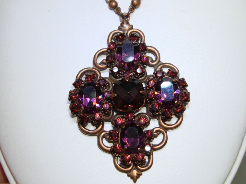 Liz Palacios Vintage Copper & Purple Swarovski Crystal Pendant Necklace