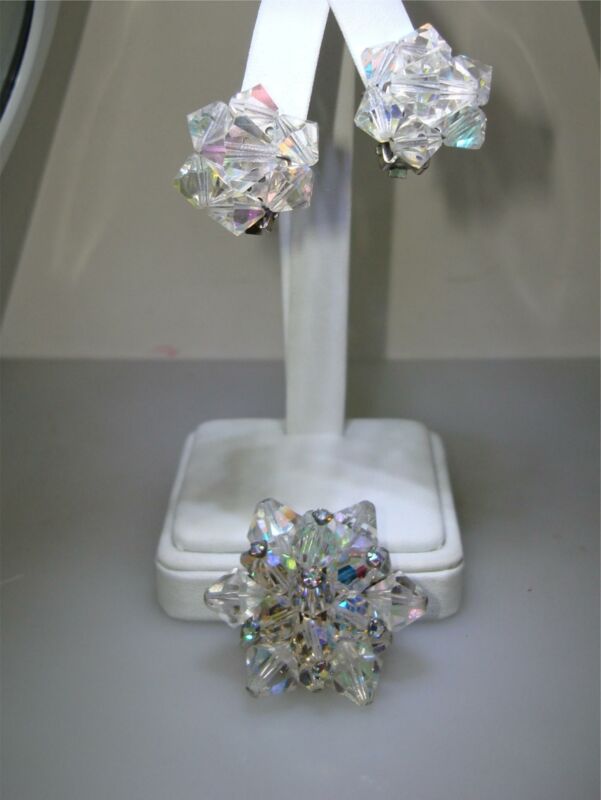 Vintage AB Crystal Pin & Clip-on Earrings Set - Sparkling Rhinestone Accents