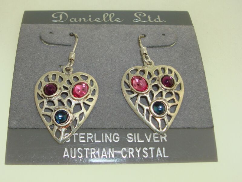Sterling silver filigree heart dangle earrings with Austrian crystals