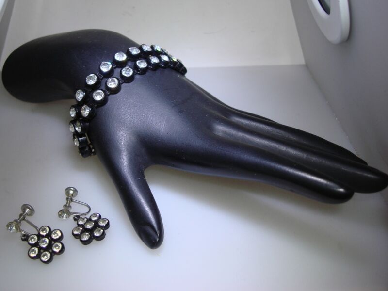 Vintage black lucite rhinestone bracelet and earrings set