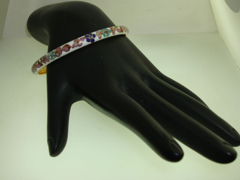 Vintage white enamel cloisonné floral bangle bracelet, estate find