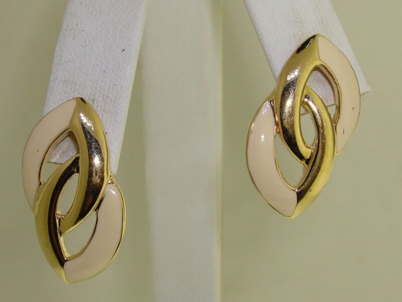 Vintage Trifari gold tone and cream enamel crown earrings