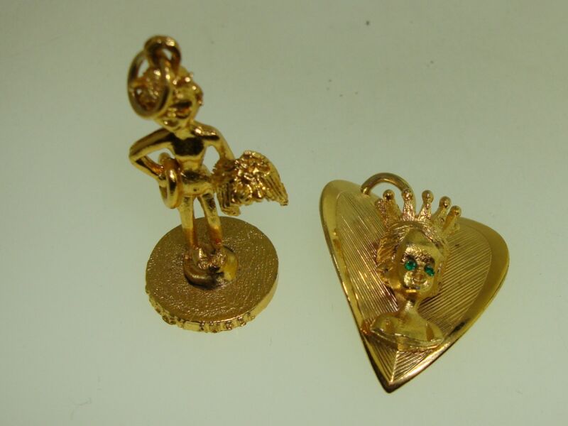 Vintage gold-plated fallen angel and queen heart charm set