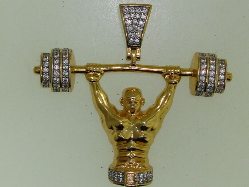 Gold plated weightlifter pendant with cubic zirconia stones