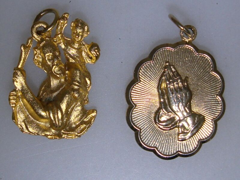 Vintage gold tone St. Christopher and Serenity Prayer charms (1950s-60s)
