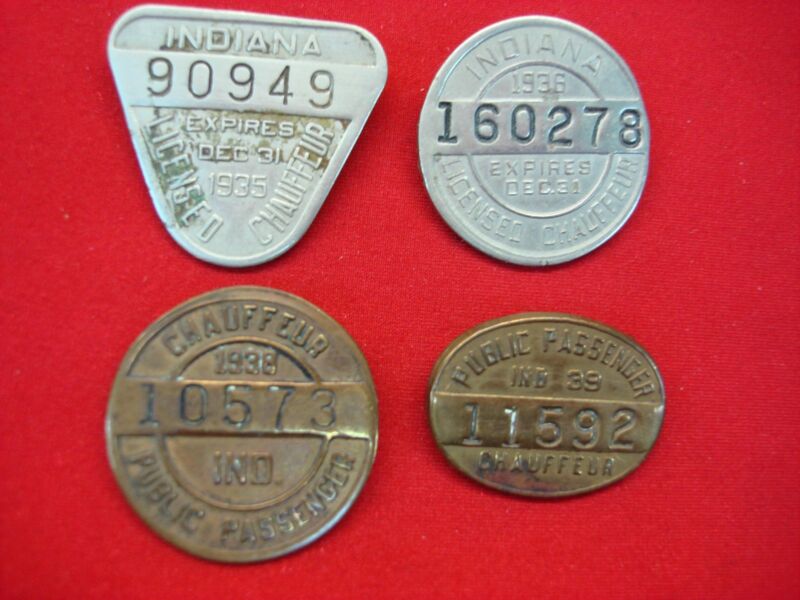 Vintage Indiana chauffeur badges from 1935, 1936, 1938, and 1939