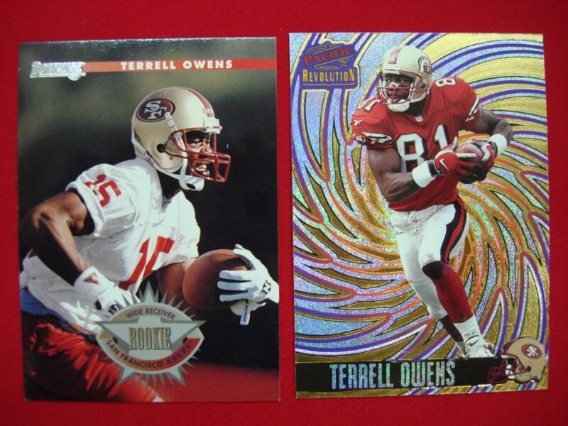 Terrell Owens rookie card (1996 Donruss #237) and 1998 Pacific Revolution trading cards