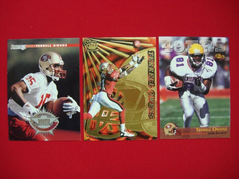 Terrell Owens rookie cards lot including 1996 Donruss and Classic, plus a 1997 Pacific Dynagon Prism
