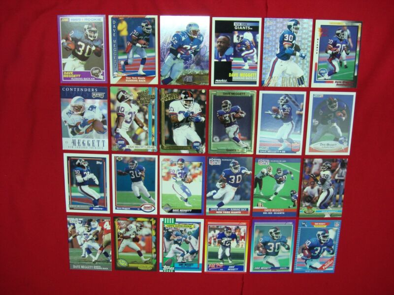 Dave Meggett football card collection featuring rookie cards, second-year cards, and inserts from the Giants and Patriots.