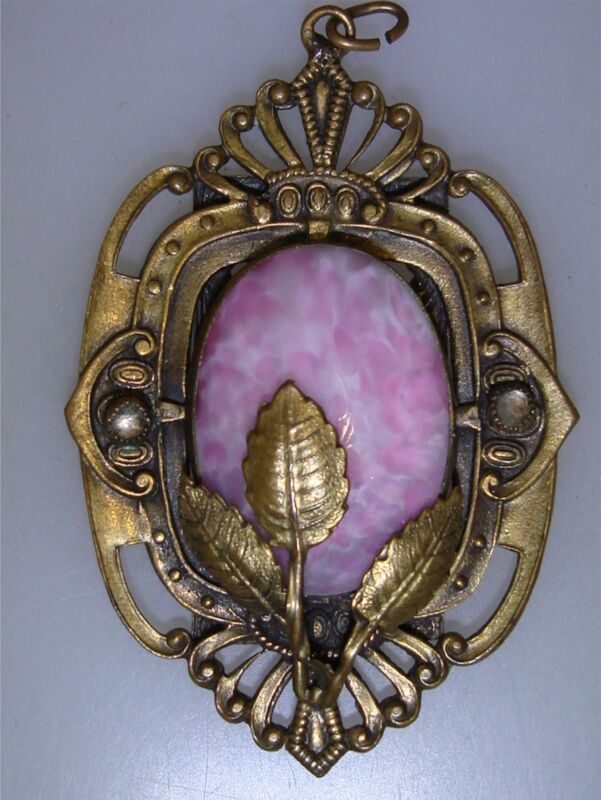 Antique Art Nouveau Gold-Washed Brass Pendant with Pink Glass Cabochon & Paste Stones