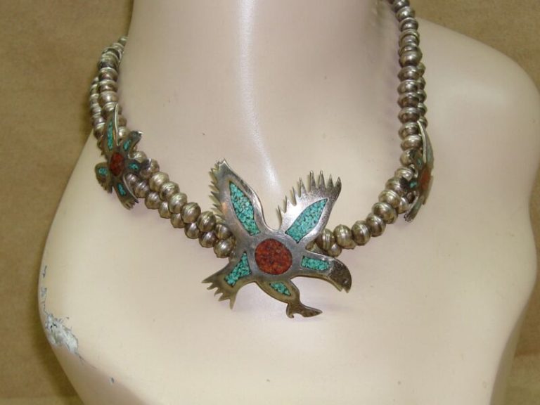 Vintage Native American Sterling Silver Bead Necklace w/ Turquoise & Coral Eagles