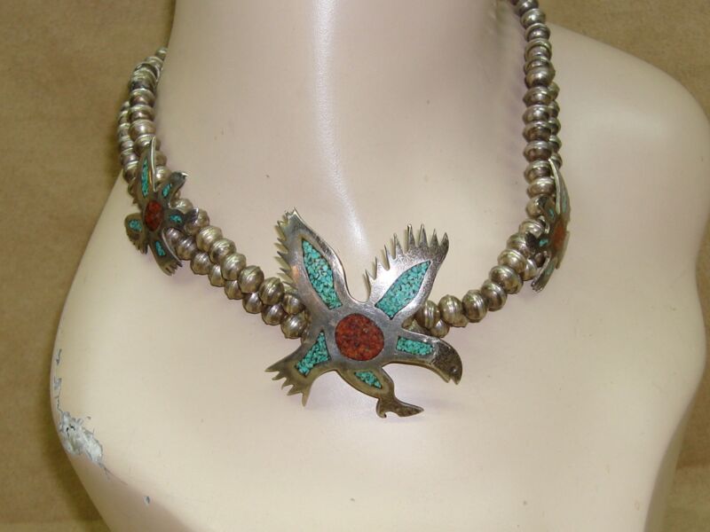 Vintage Native American Sterling Silver Bead Necklace w/ Turquoise & Coral Eagles