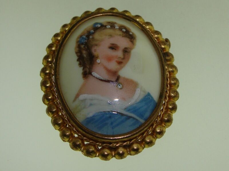 Vintage Limoges Hand Painted Porcelain Cameo, Gold Washed & Trombone Clasp