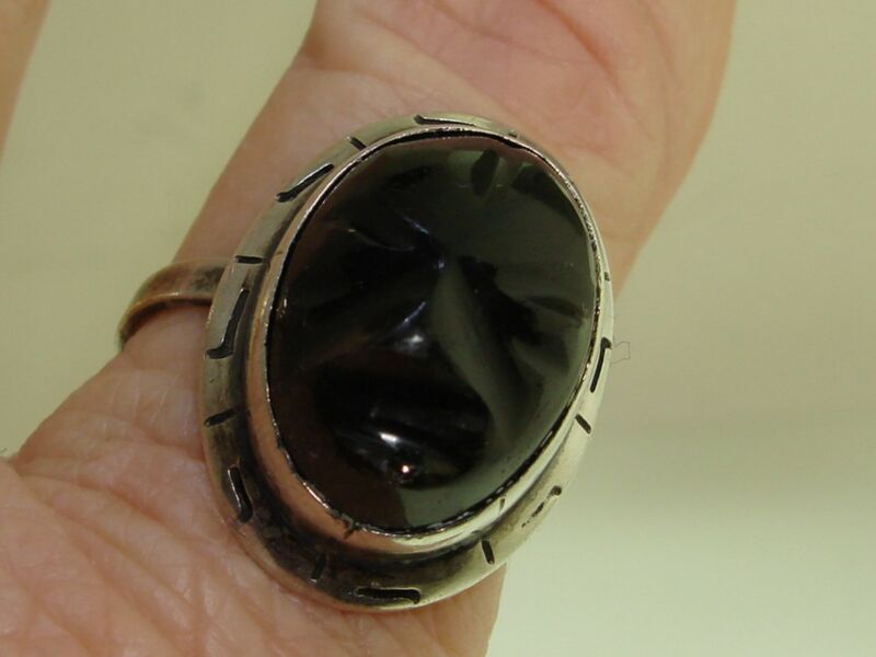 Vintage Taxco Mexico sterling silver onyx mask ring signed JM