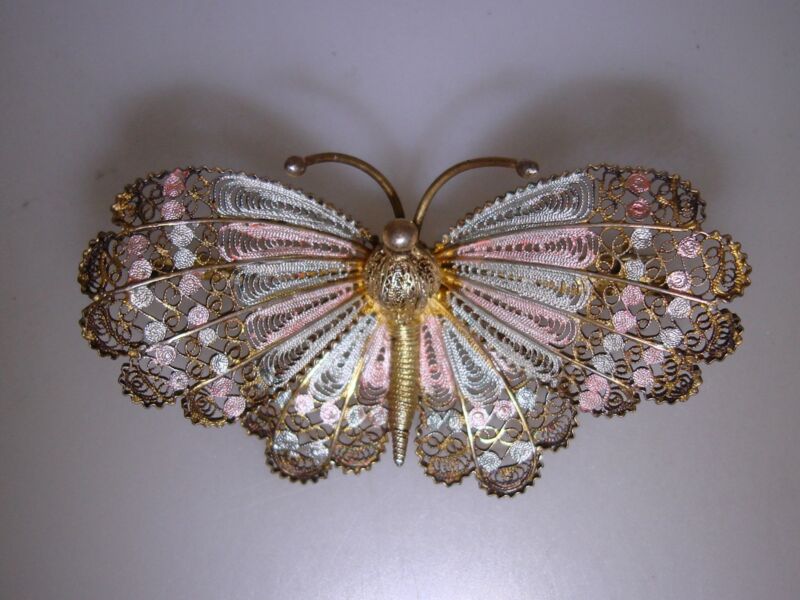 Vintage 800 silver gold-washed butterfly pin with enamel filigree detailing