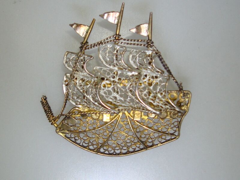 Vintage 800 Silver Filigree Sailing Ship Brooch Pin with Gold Washed Accents
